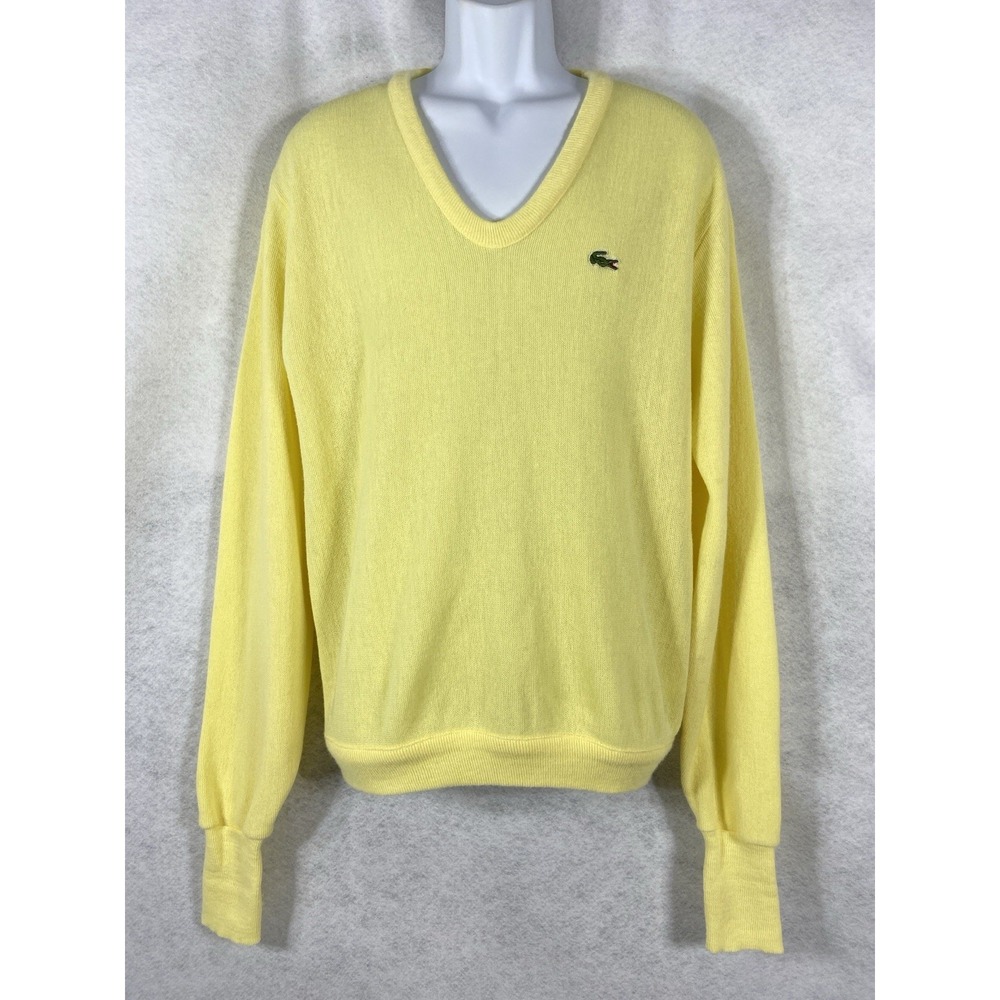 Vintage Izod Lacoste Sweater Mens Large Yellow Pullover V-Neck Long Sleeves